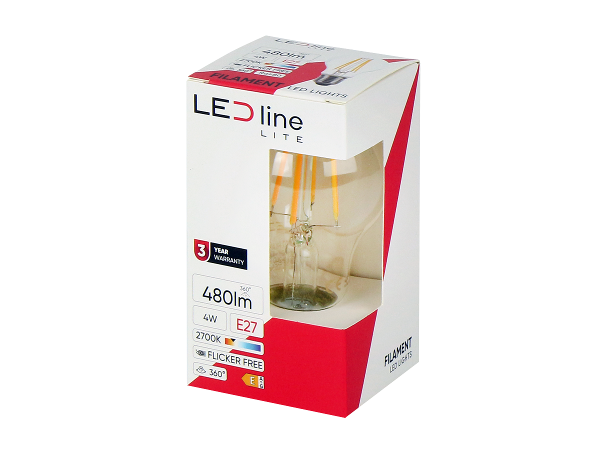 LED-lamp E27 2700K 4W 480lm 230V 360° FILAMENT A60 Glas LITE
