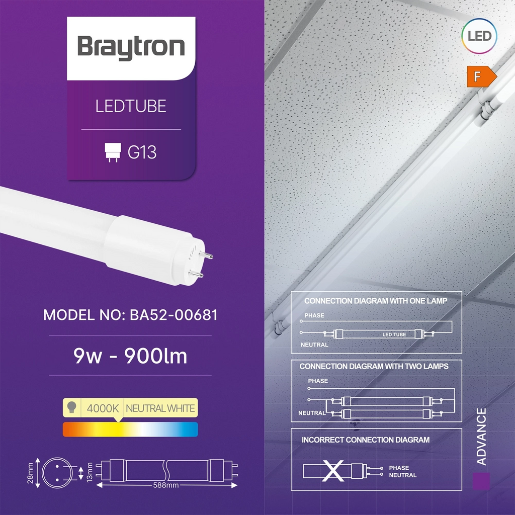 Braytron Advance LED Buis 9W G13 4000K DB T8 GLS