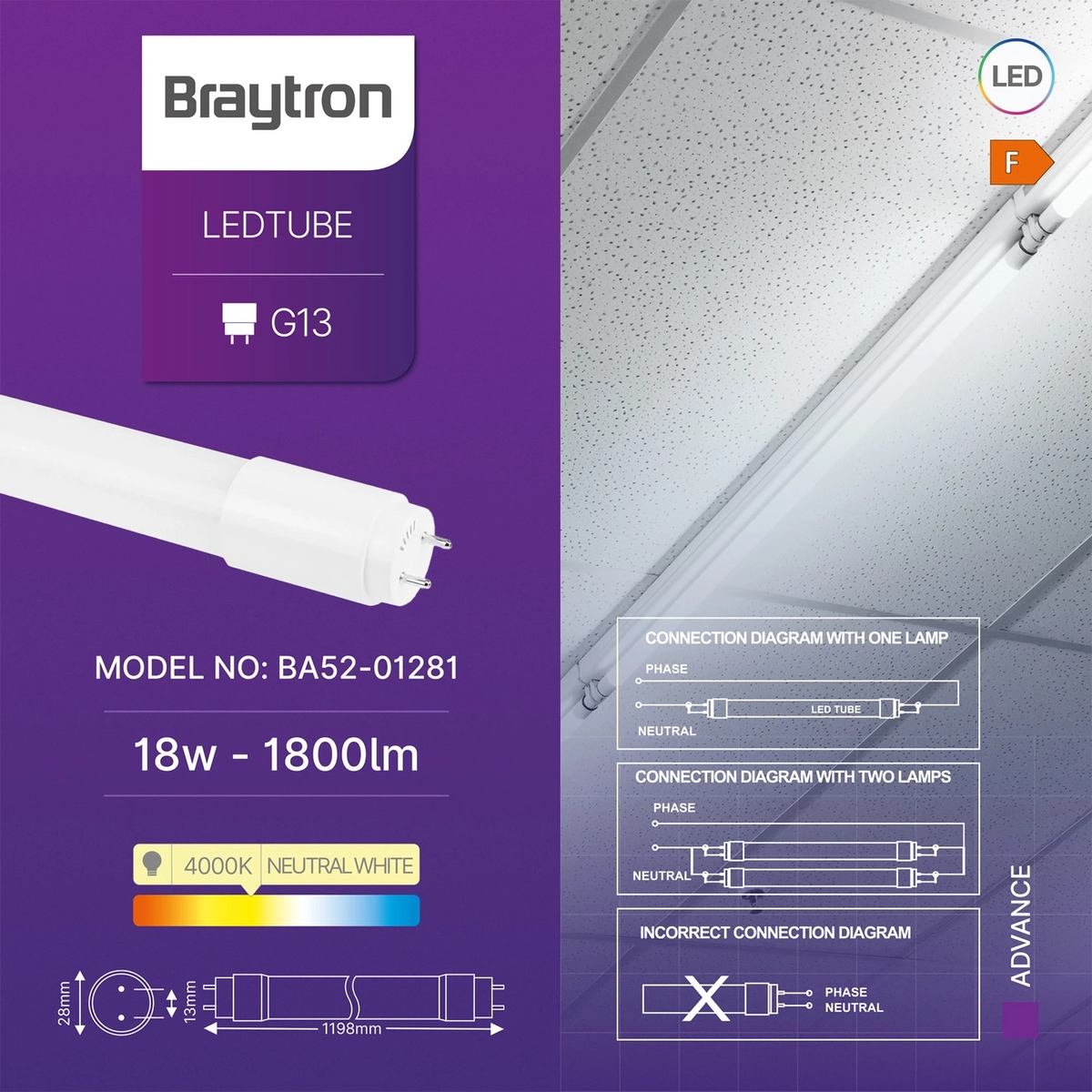 Braytron Advance LED Buis 18W G13 4000K DB T8 GLS
