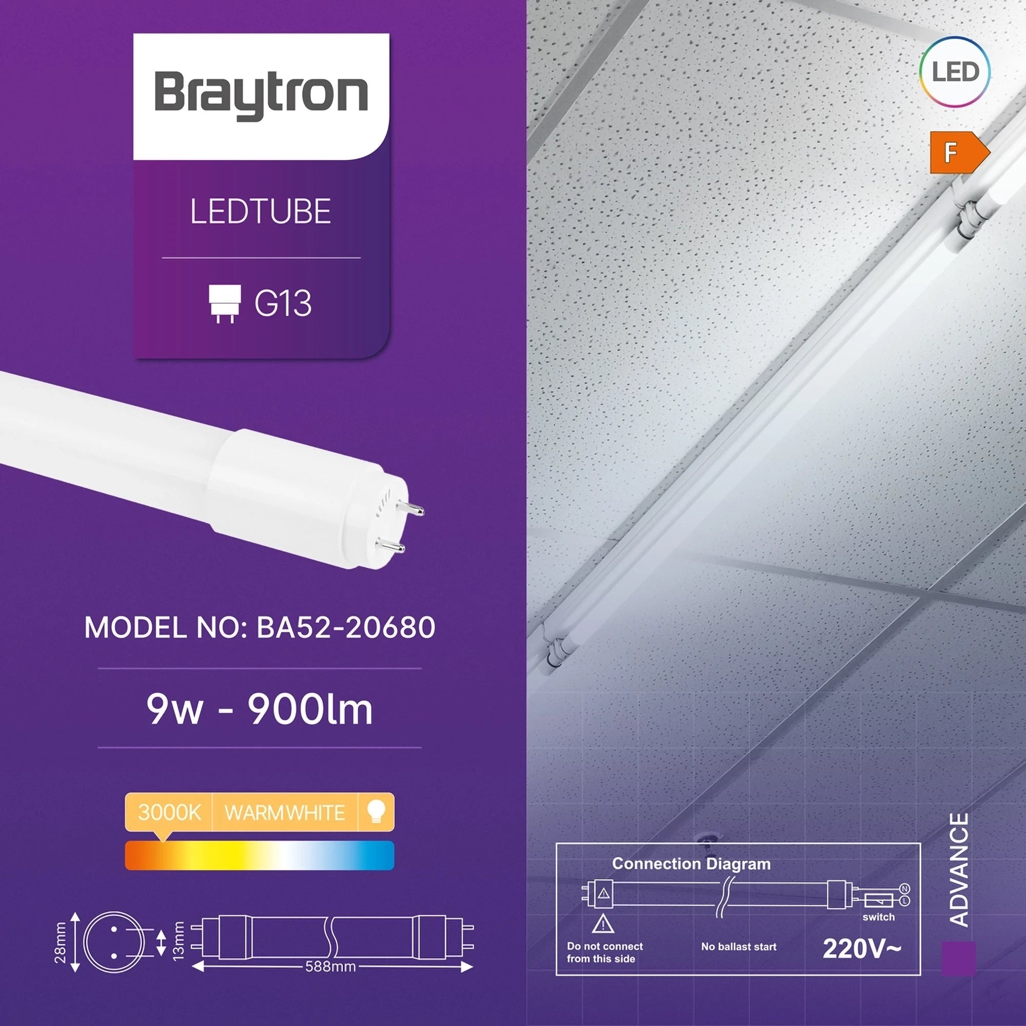 Braytron Advance LED Buis 9W G13 3000K SG T8 GLS