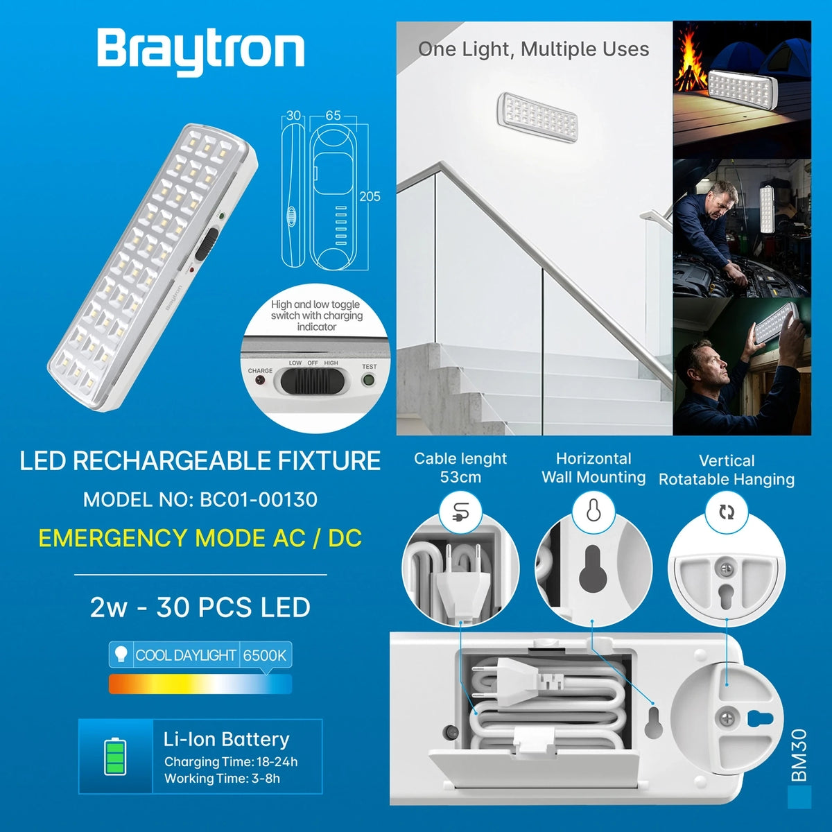 Braytron Bm30 Rechargeable Light 6500K Wit 30LED