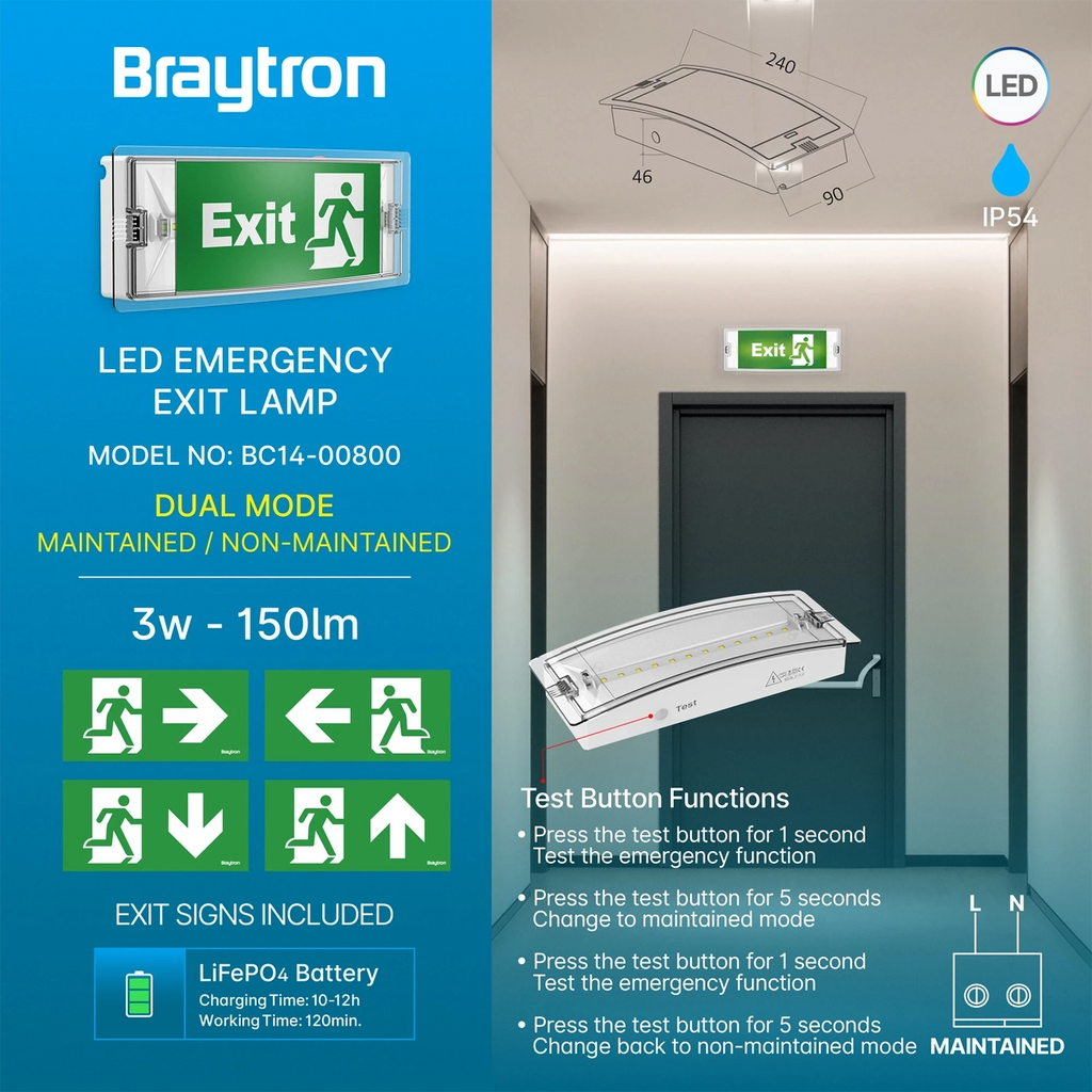 Braytron Exit Nooduitgangverlichting 3W IP54 Wit LED DUAL
