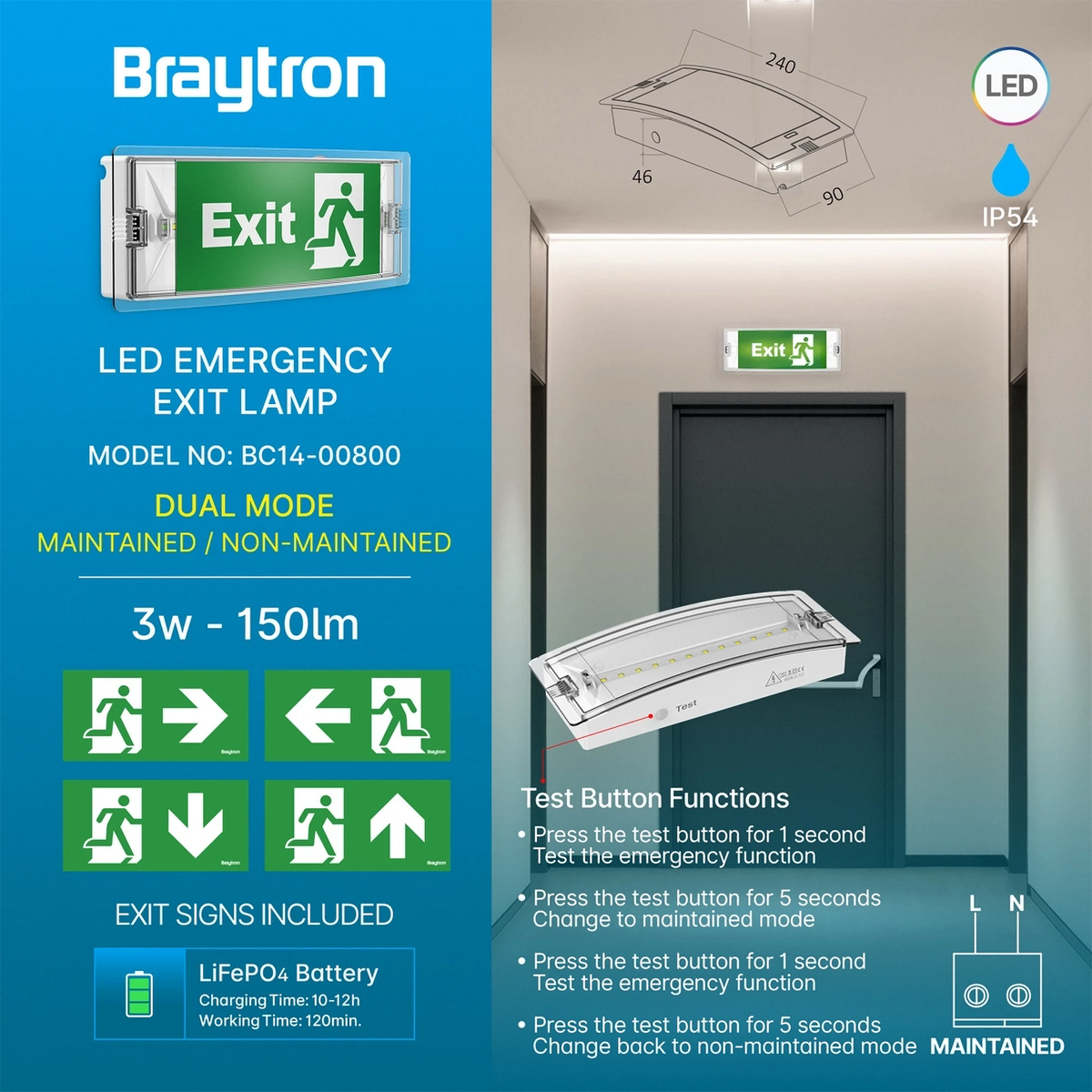 Braytron Exit Nooduitgangverlichting 3W IP54 Wit LED DUAL