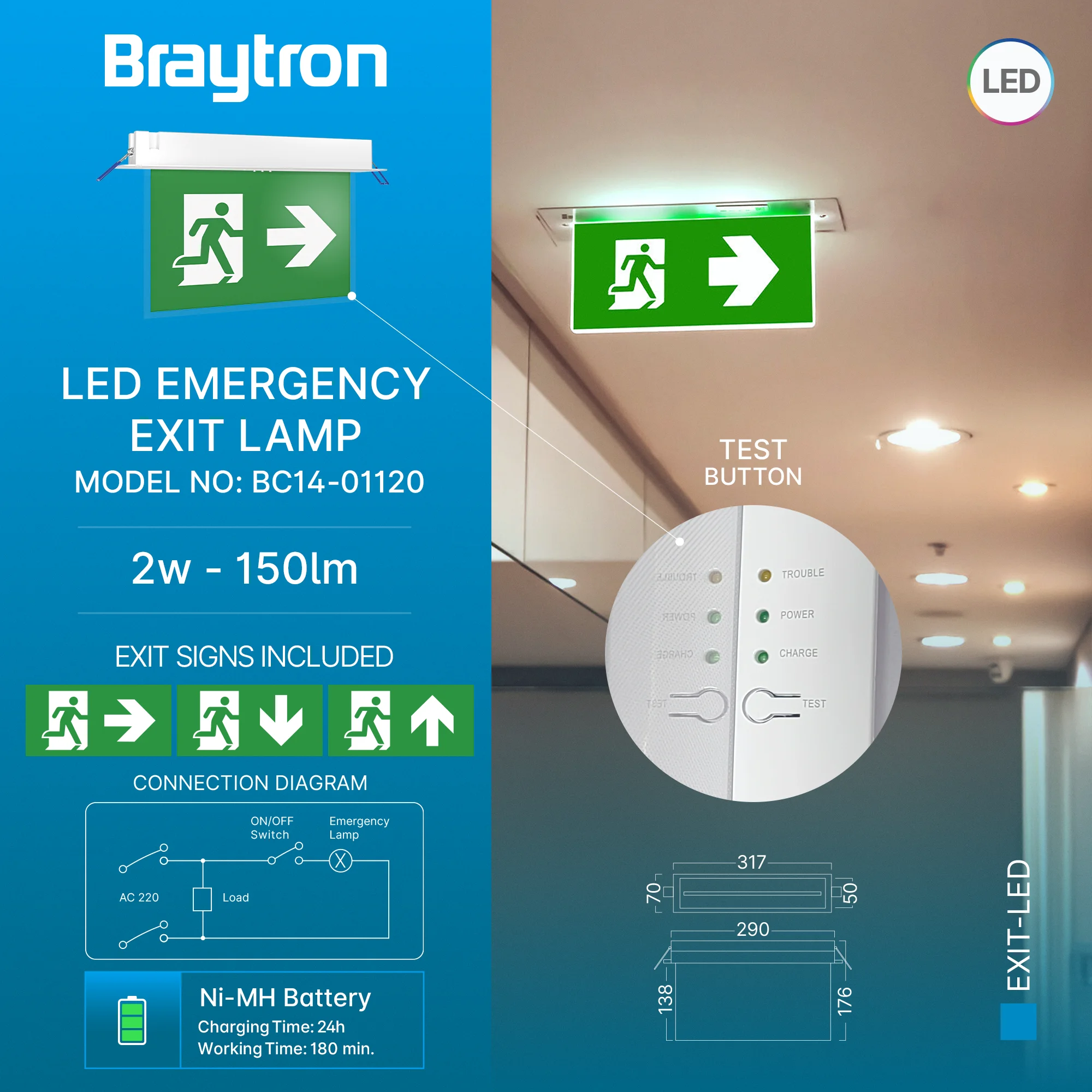 Braytron Exit Nooduitgangverlichting 2W IP20 Wit LED RCS