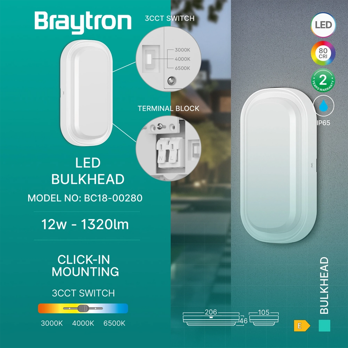Braytron Bulkhead LED Bulkhead-armatuur 12W IP65 Wit ELP 3IN1
