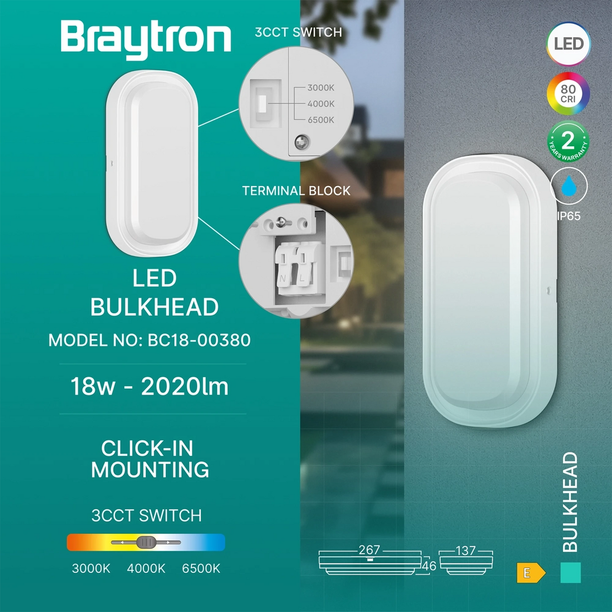 Braytron Bulkhead LED Bulkhead-armatuur 18W IP65 Wit ELP 3IN1
