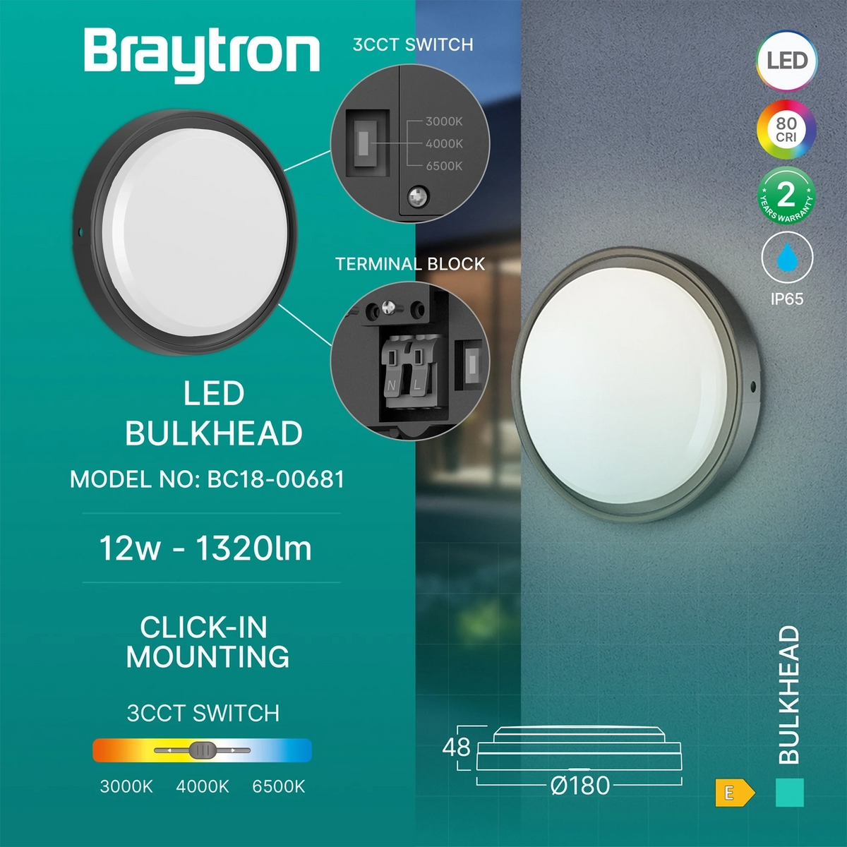 Braytron Bulkhead LED Bulkhead-armatuur 12W IP65 Zwart RND 3IN1