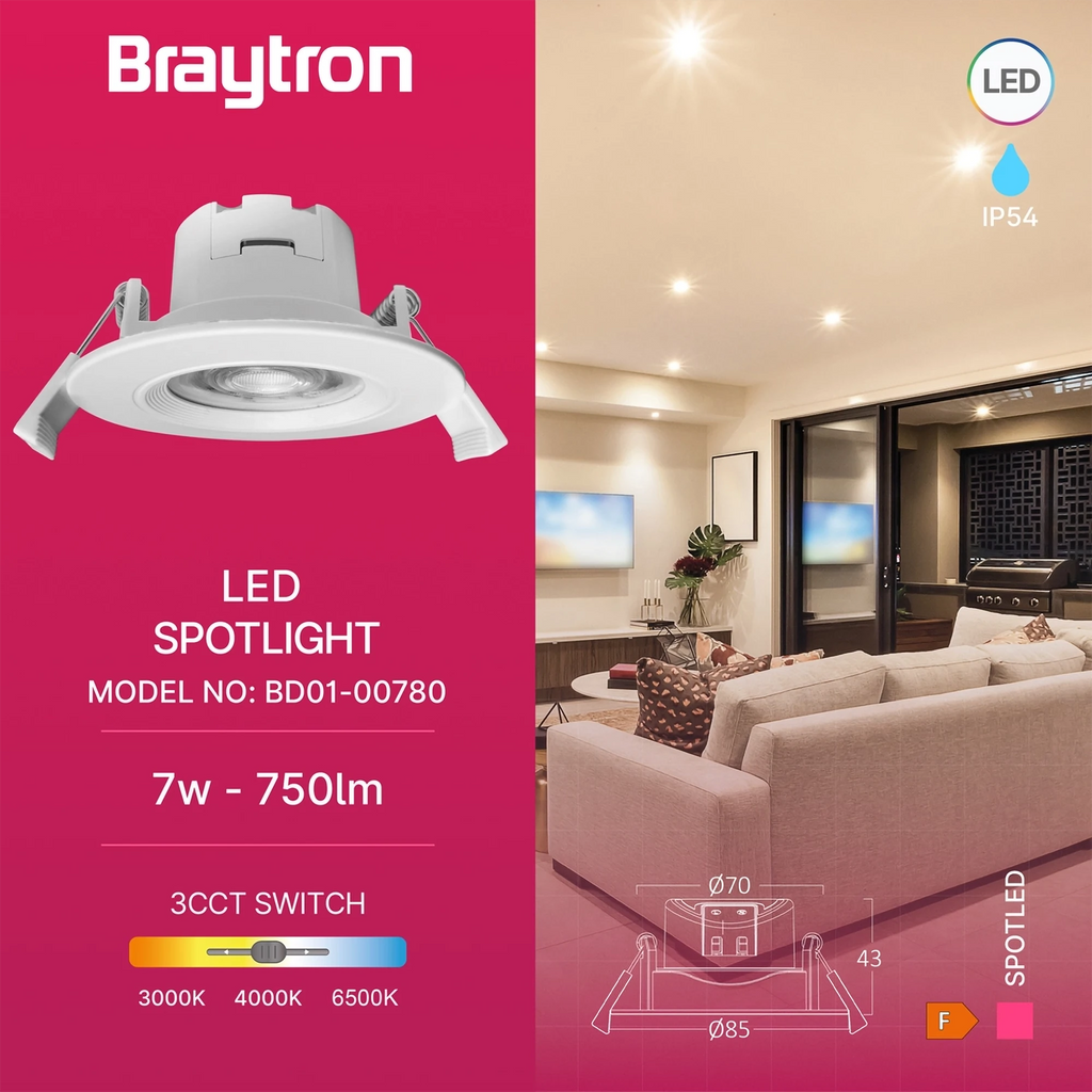 Braytron Spotled G3 LED Spot 7W IP54 Wit RND 3IN1