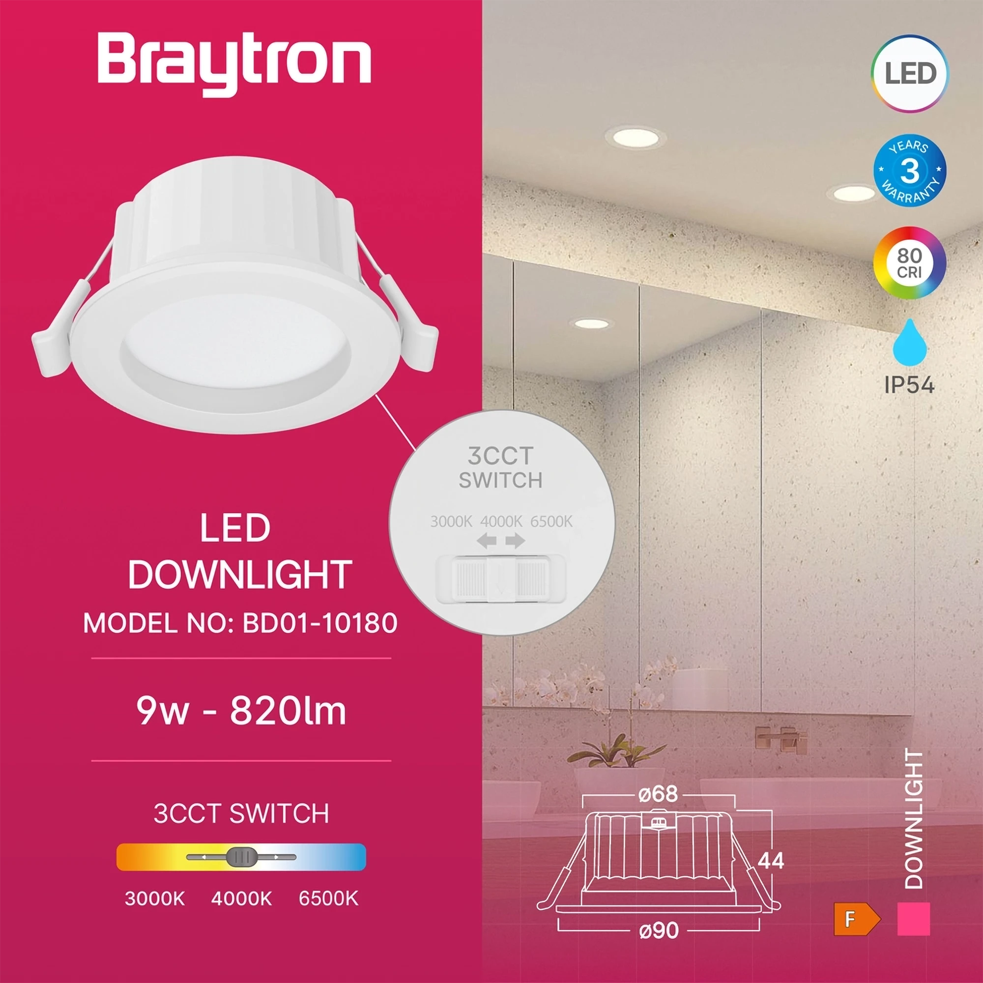 Braytron Downlight D90 Downlight 9W IP54 Wit RND 3IN1