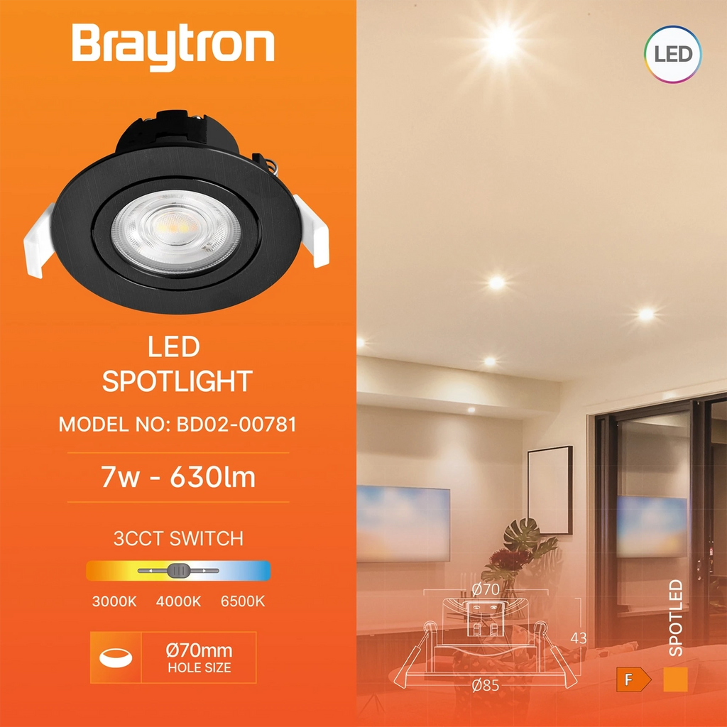 Braytron Spotled G3 LED Spot 7W Zwart RND 3IN1