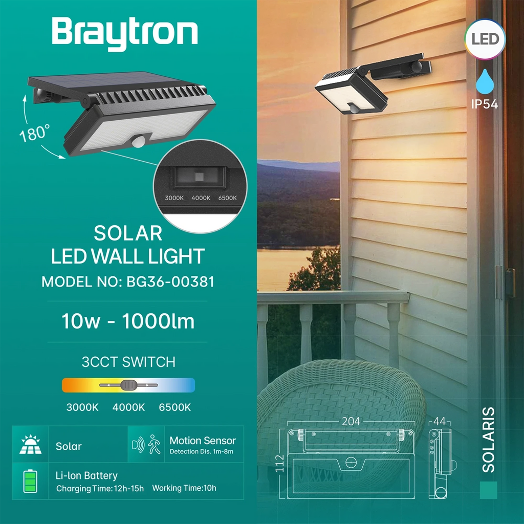 Braytron Solaris Solar Wandlamp 10W IP54 Zwart W3 3IN1
