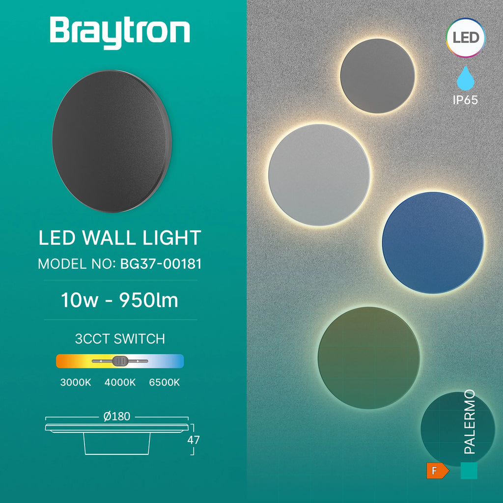 Braytron Palermo Wandlamp 10W IP65 Zwart S RND 3IN1