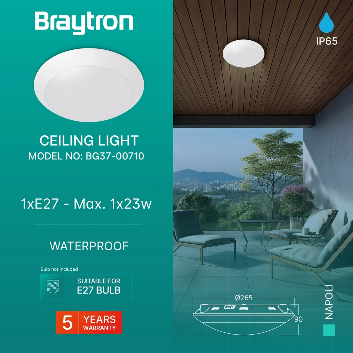 Braytron Napoli Plafondlamp IP65 Wit D270 1xE27 PC