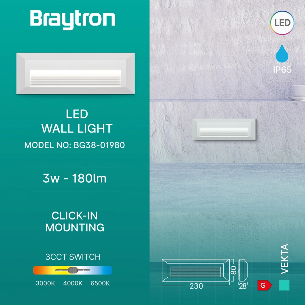 Braytron Vekta Wandlamp 3W IP65 Wit B RCT 3IN1