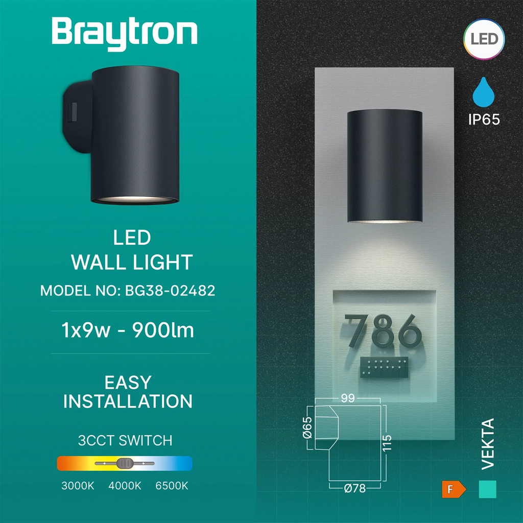 Braytron Vekta Wandlamp IP65 Grijs D WL.1 1x9W 3IN1