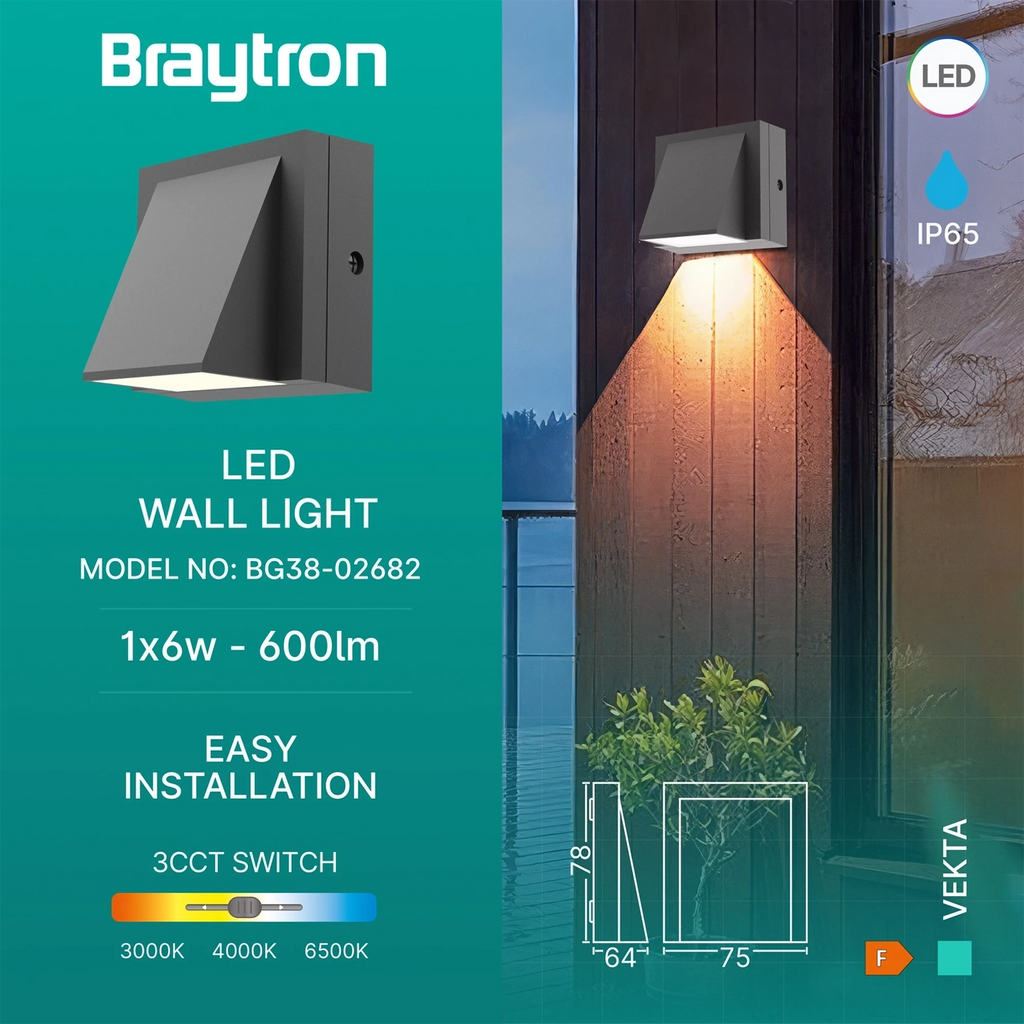 Braytron Vekta Wandlamp IP65 Grijs C WL.1 1x6W 3IN1