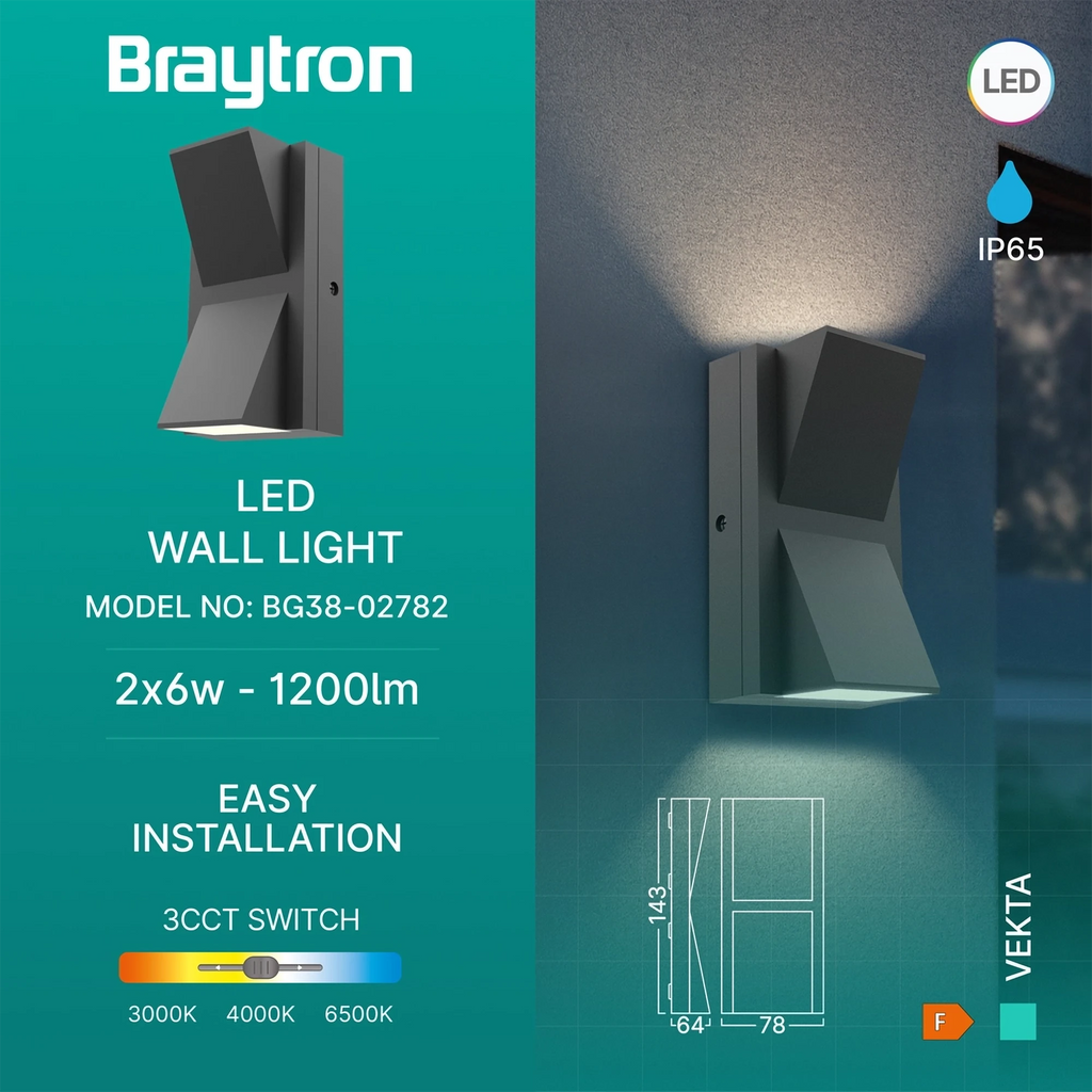 Braytron Vekta Wandlamp IP65 Grijs C WL.2 2x6W 3IN1