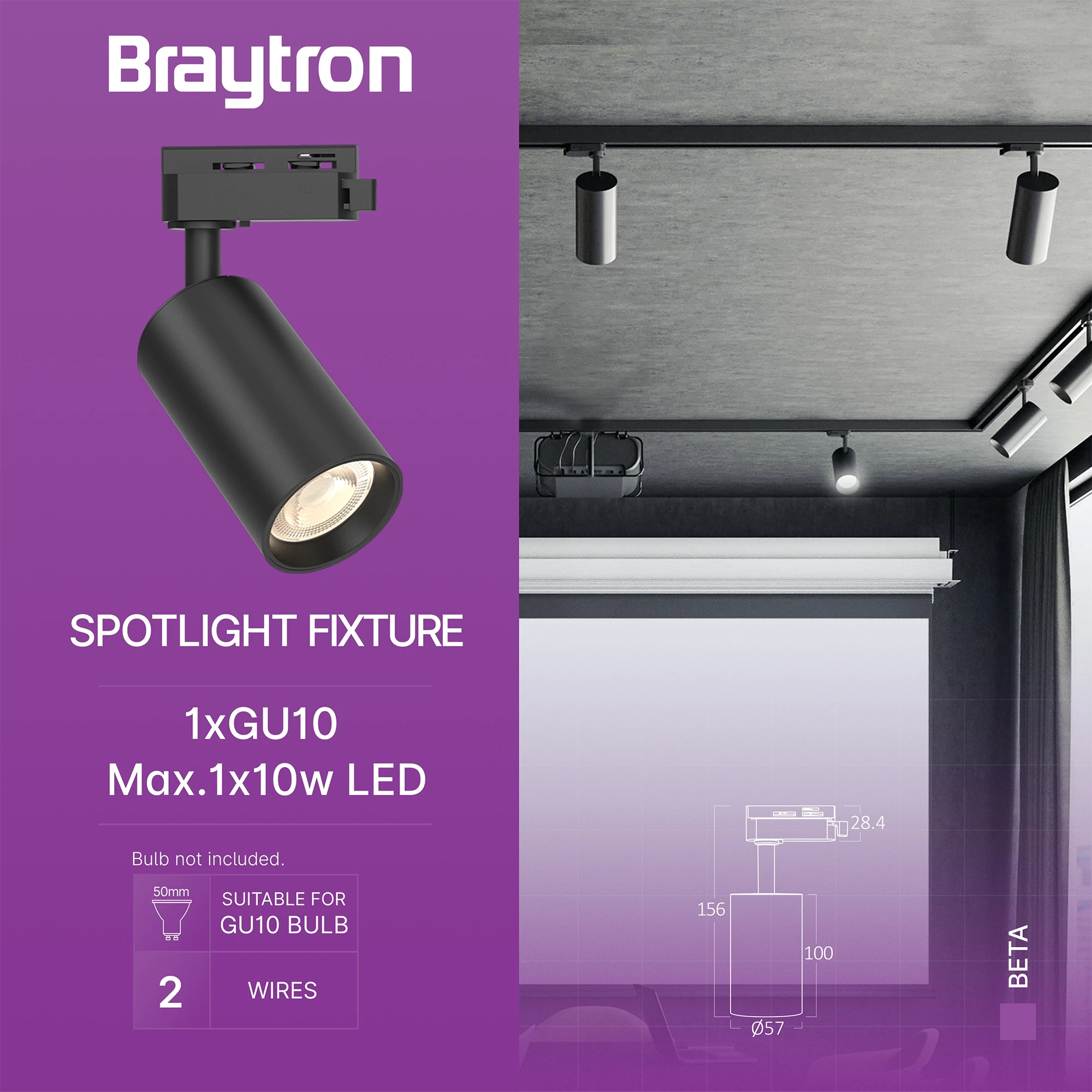 Braytron Beta Railspot GU10 Zwart TR2 2WRS