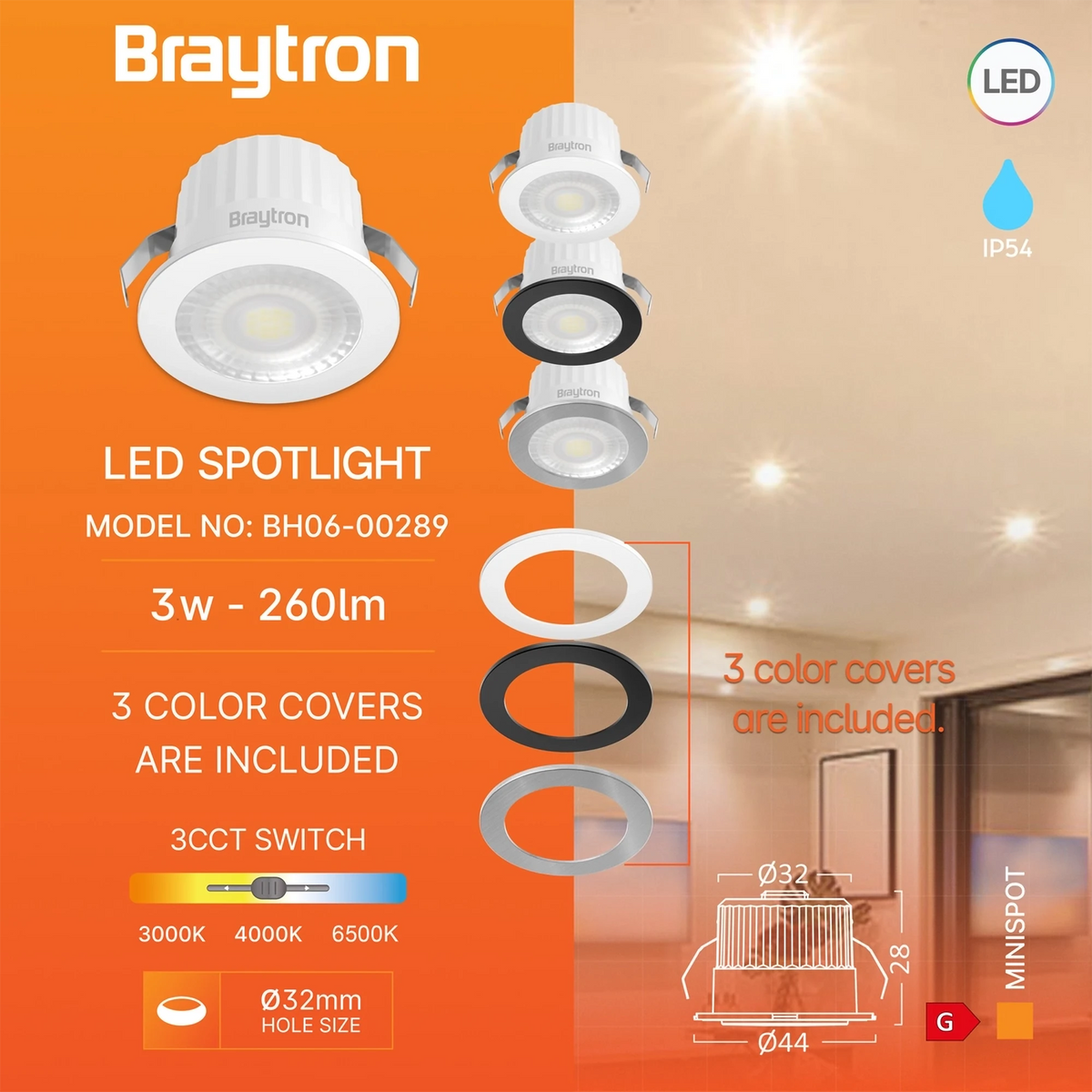Braytron Minispot LED Spot 3W IP54 A 38D 3C 3IN1