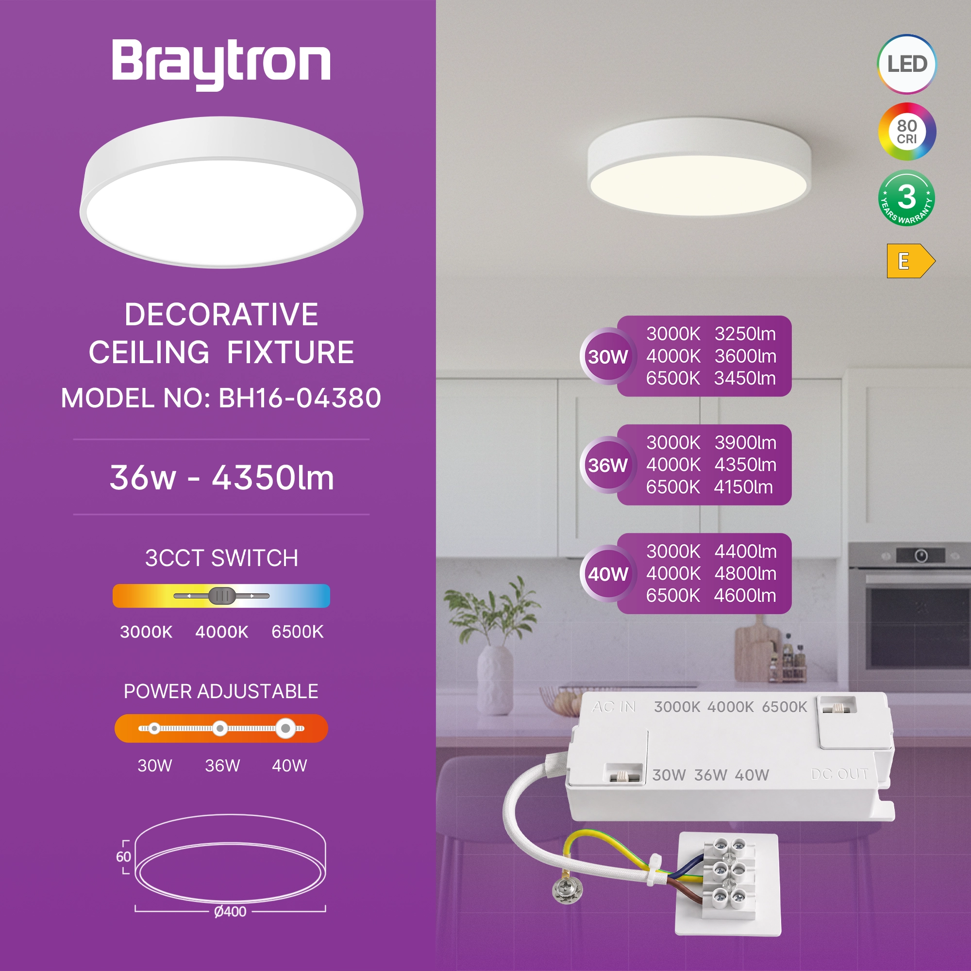 Braytron Blade Plafondlamp 36W Wit SR RND 3IN1 WAT