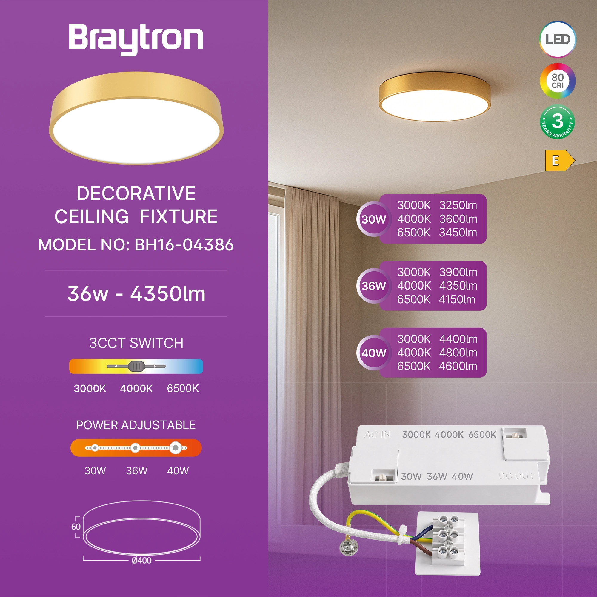 Braytron Blade Plafondlamp 36W Goud SR RND 3IN1 WAT3