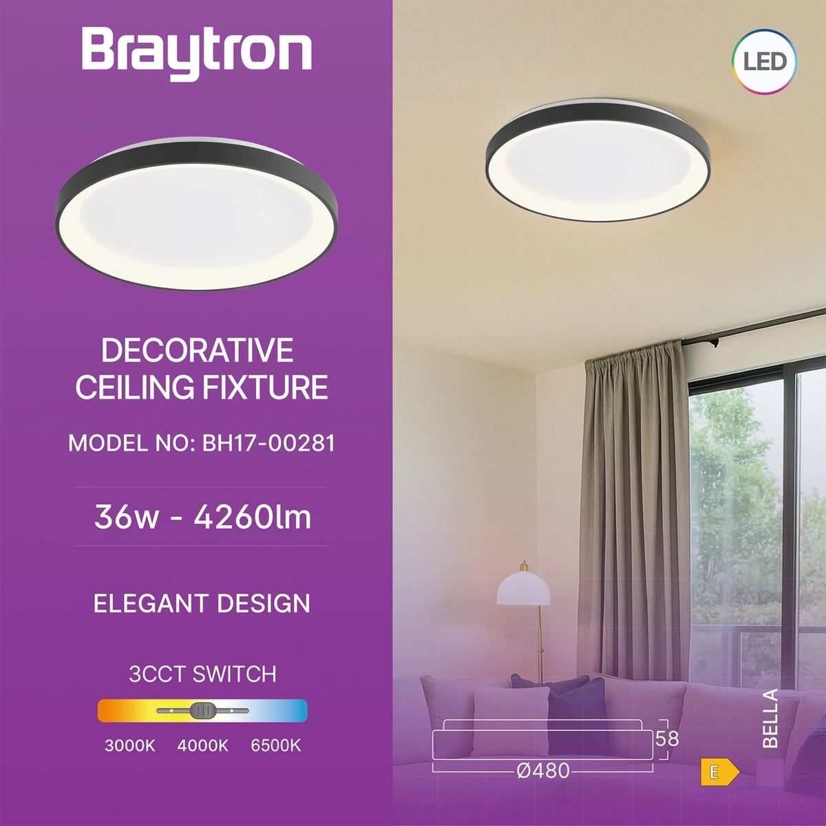 Braytron Bella Plafondlamp 36W IP20 Zwart SLS SR RND 3IN1