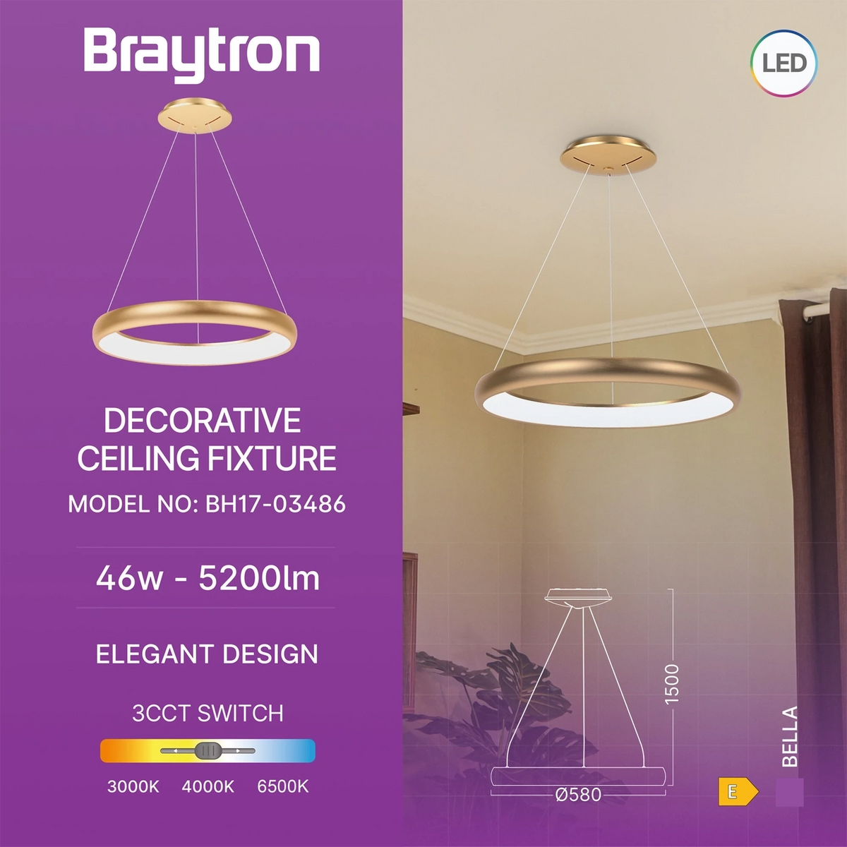 Braytron Bella Plafondlamp 46W IP20 Goud MLP PD RND 3IN1