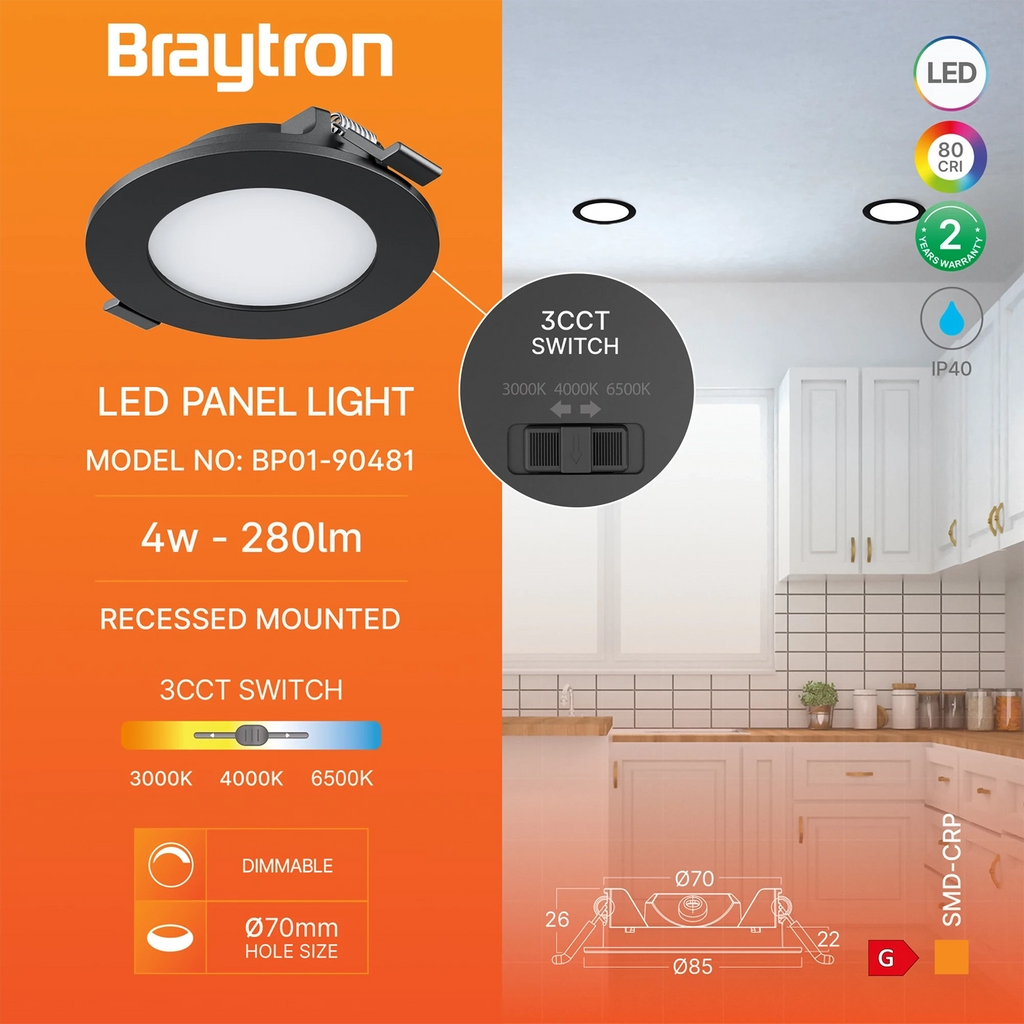 Braytron Smd LED Paneel 4W Zwart CRP RND DIM 3INC 3IN1