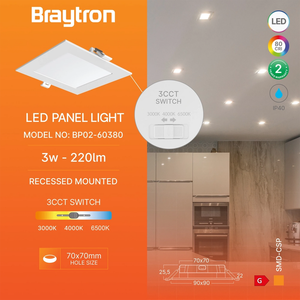 Braytron Smd LED Paneel 3W Wit CSP SQR 3INC 3IN1