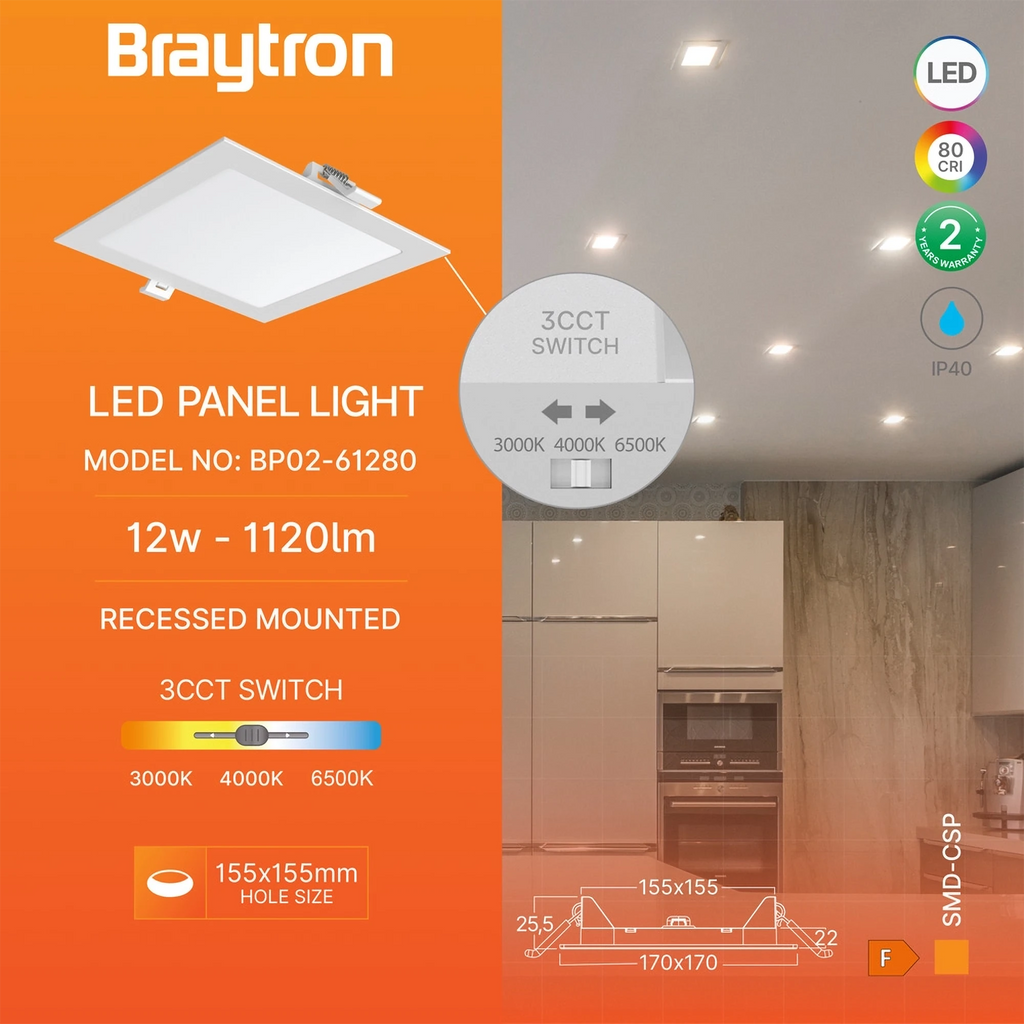 Braytron Smd LED Paneel 12W Wit CSP SQR 6INC 3IN1