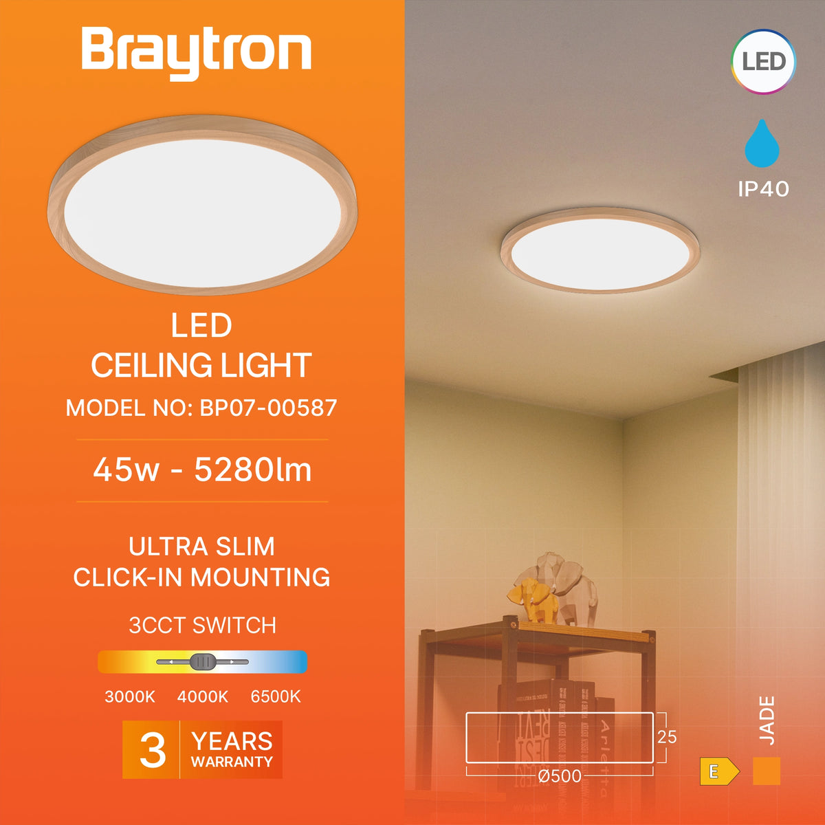 Braytron Jade Plafondlamp 45W SLR WDN RND 3IN1