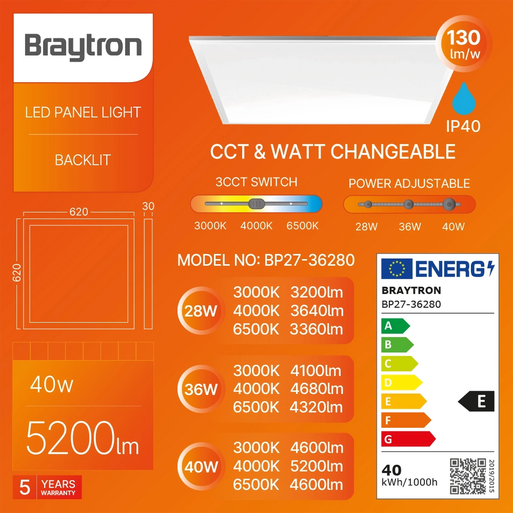 Braytron Panelled LED Paneel 40W Wit RL 620x620 3CCT