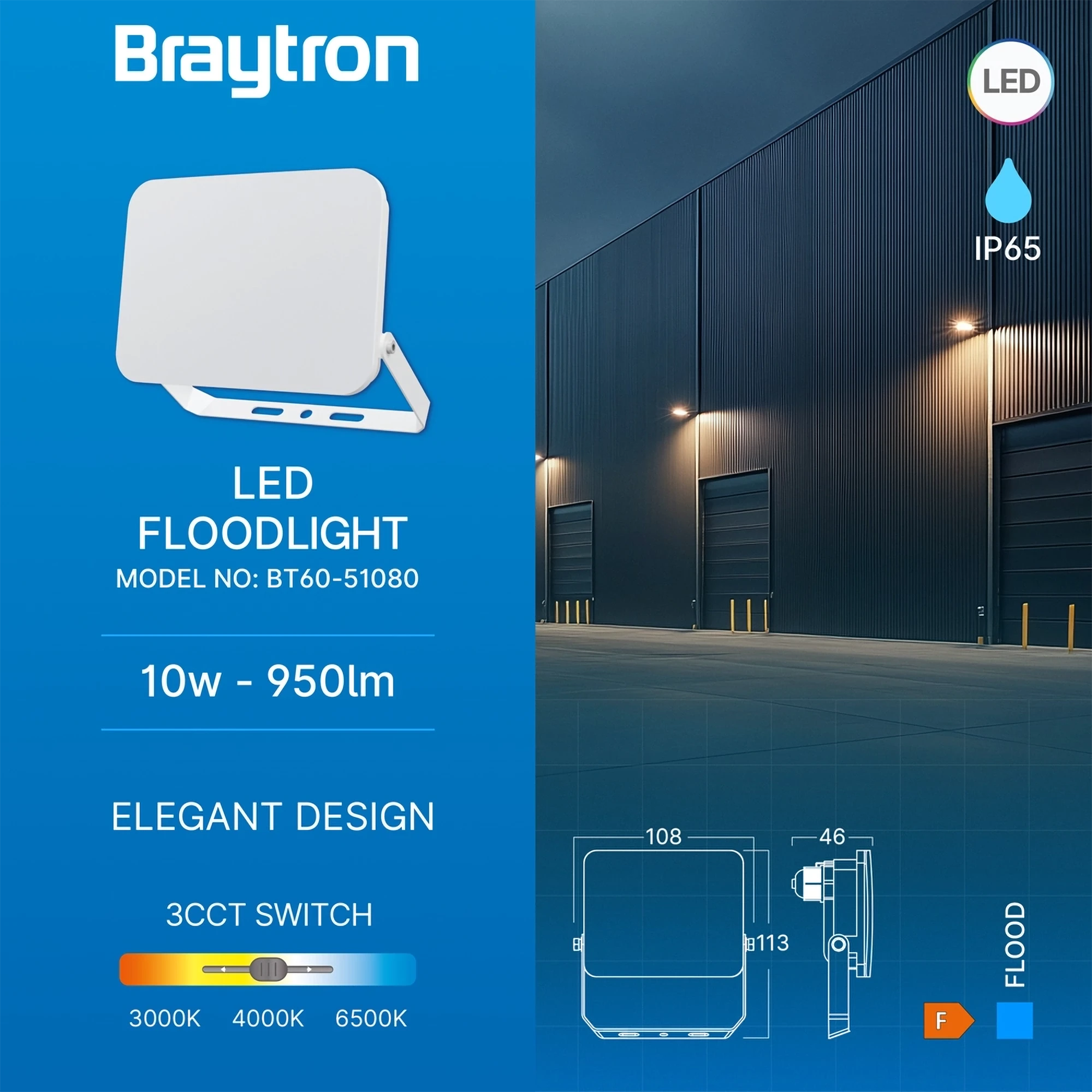 Braytron Flood LED Schijnwerper 10W IP65 Wit WF 3IN1