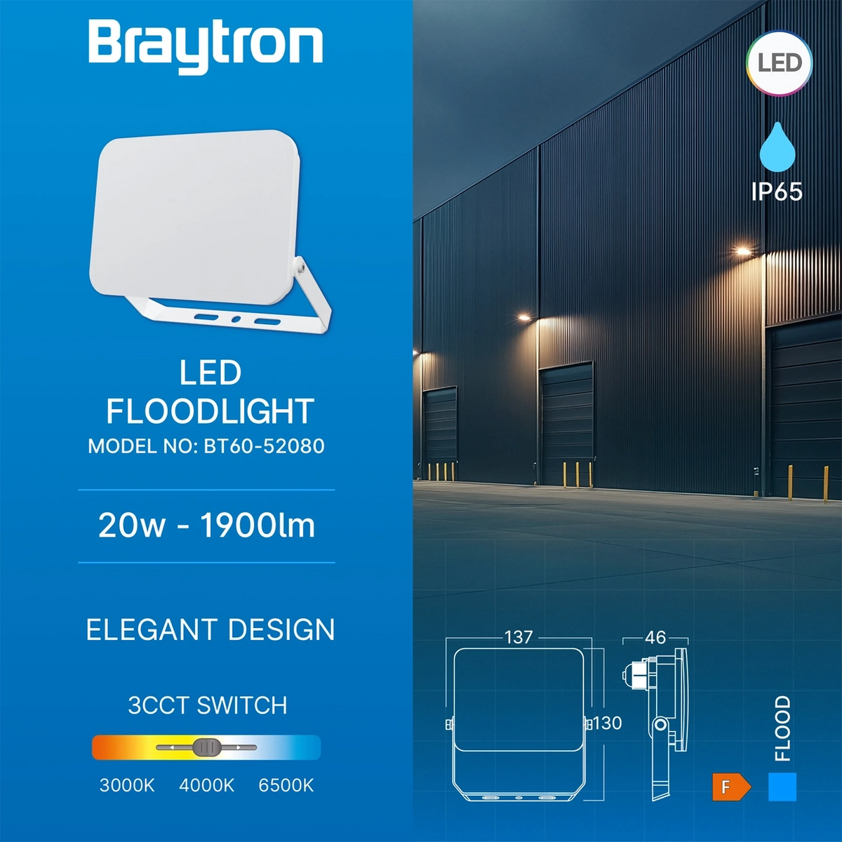 Braytron Flood LED Schijnwerper 20W IP65 Wit WF 3IN1