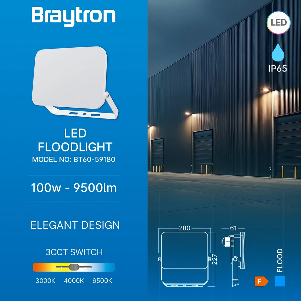 Braytron Flood LED Schijnwerper 100W IP65 Wit WF 3IN1