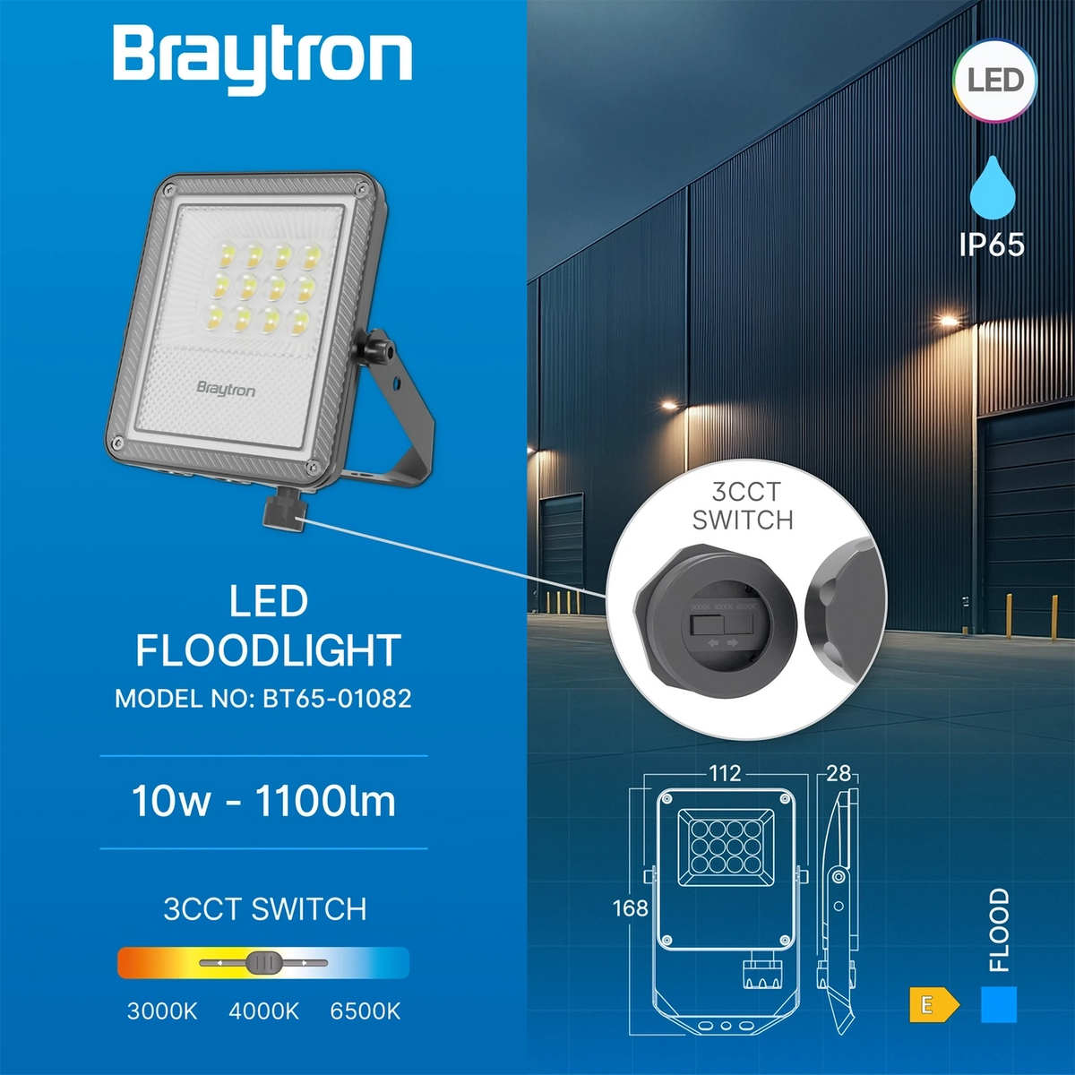 Braytron Flood LED Schijnwerper 10W IP65 Grijs PF 3IN1
