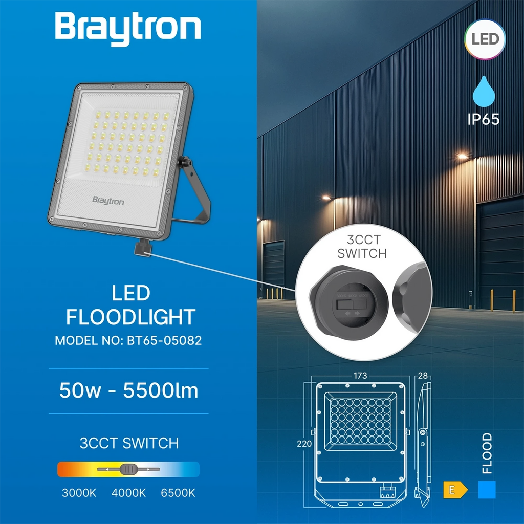 Braytron Flood LED Schijnwerper 50W IP65 Grijs PF 3IN1