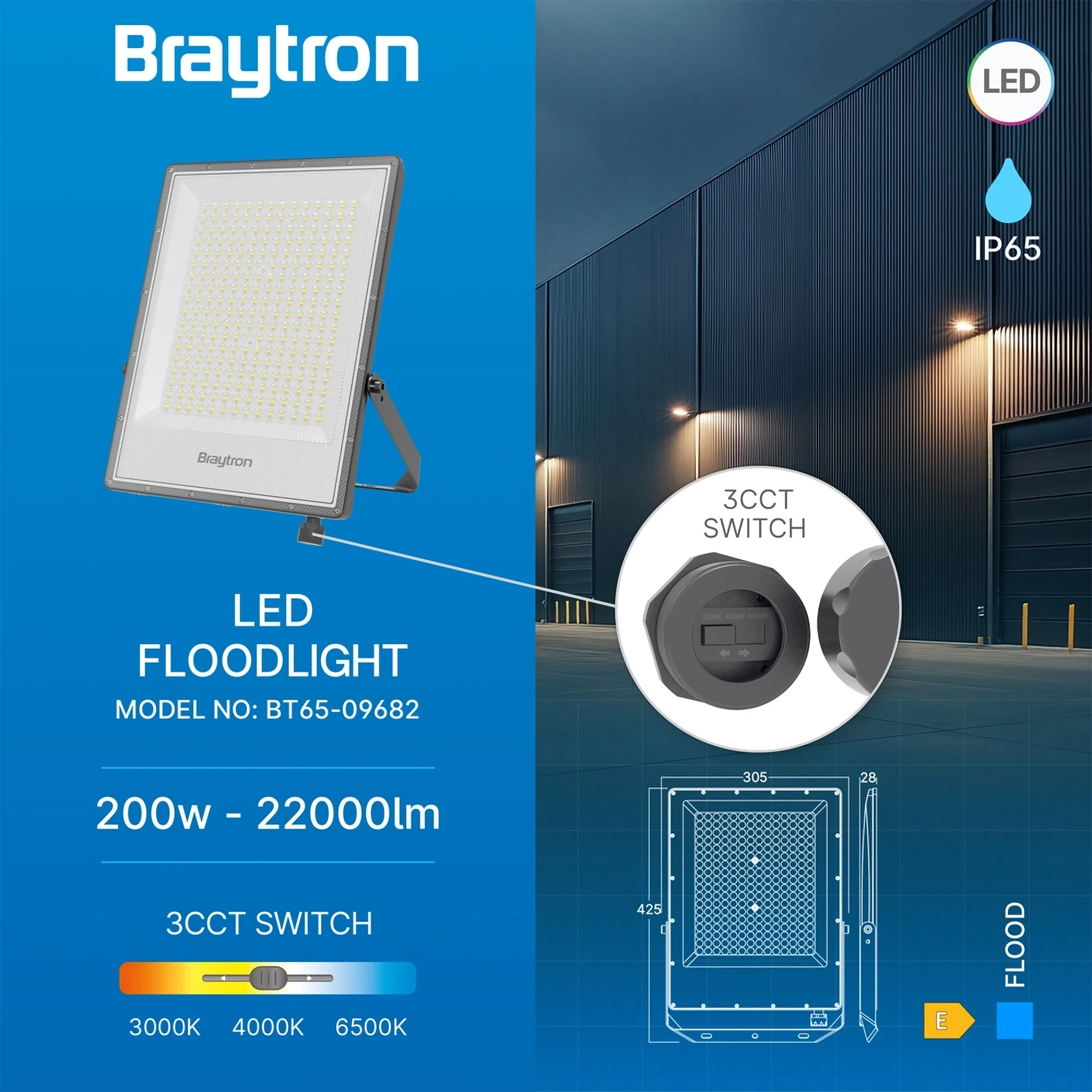 Braytron Flood LED Schijnwerper 200W IP65 Grijs PF 3IN1