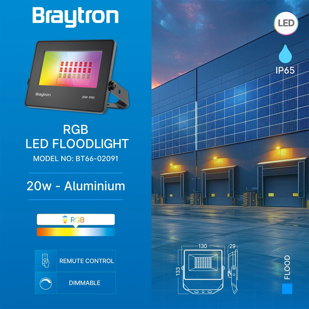 Braytron Flood LED Schijnwerper 20W IP65 RGB CF