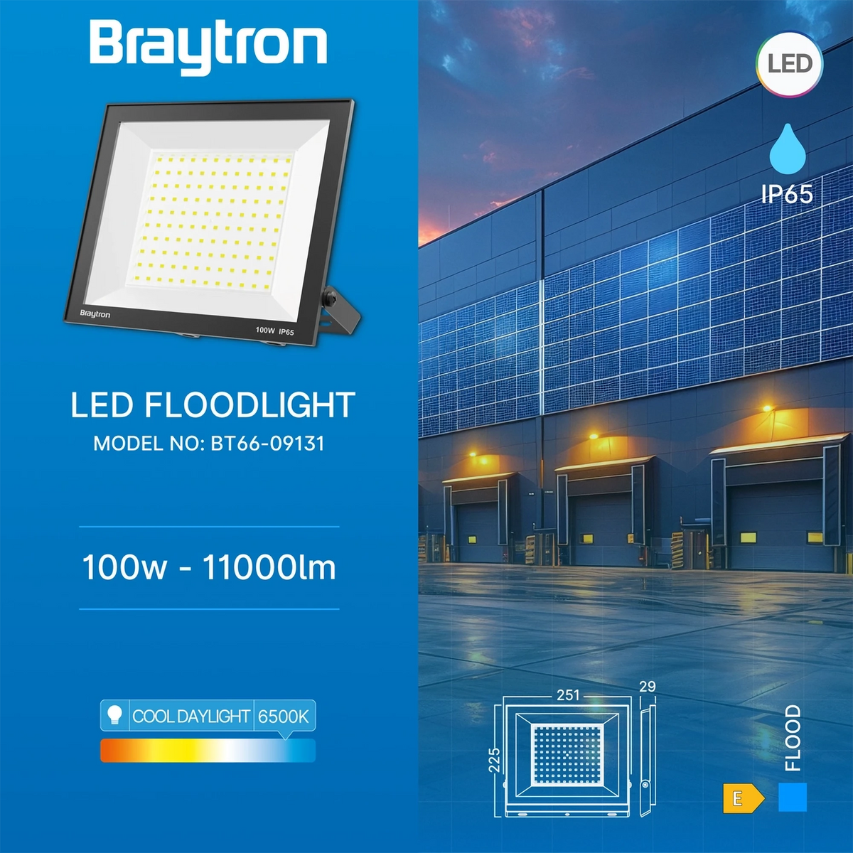 Braytron Flood LED Schijnwerper 100W 6500K IP65 Zwart CF