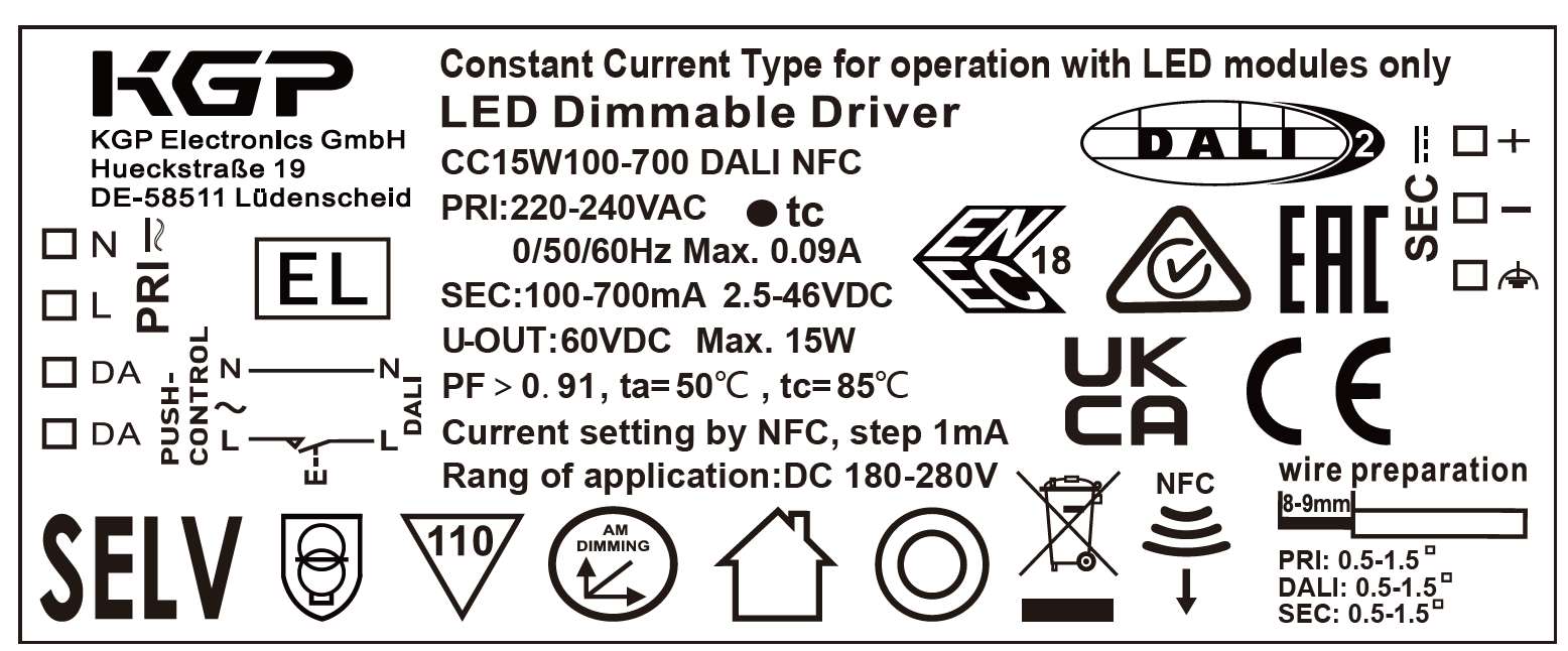 LED NFC driver KGP 15W 100-700ma 2.5-46V DALI dimbaar - Afbeelding 2